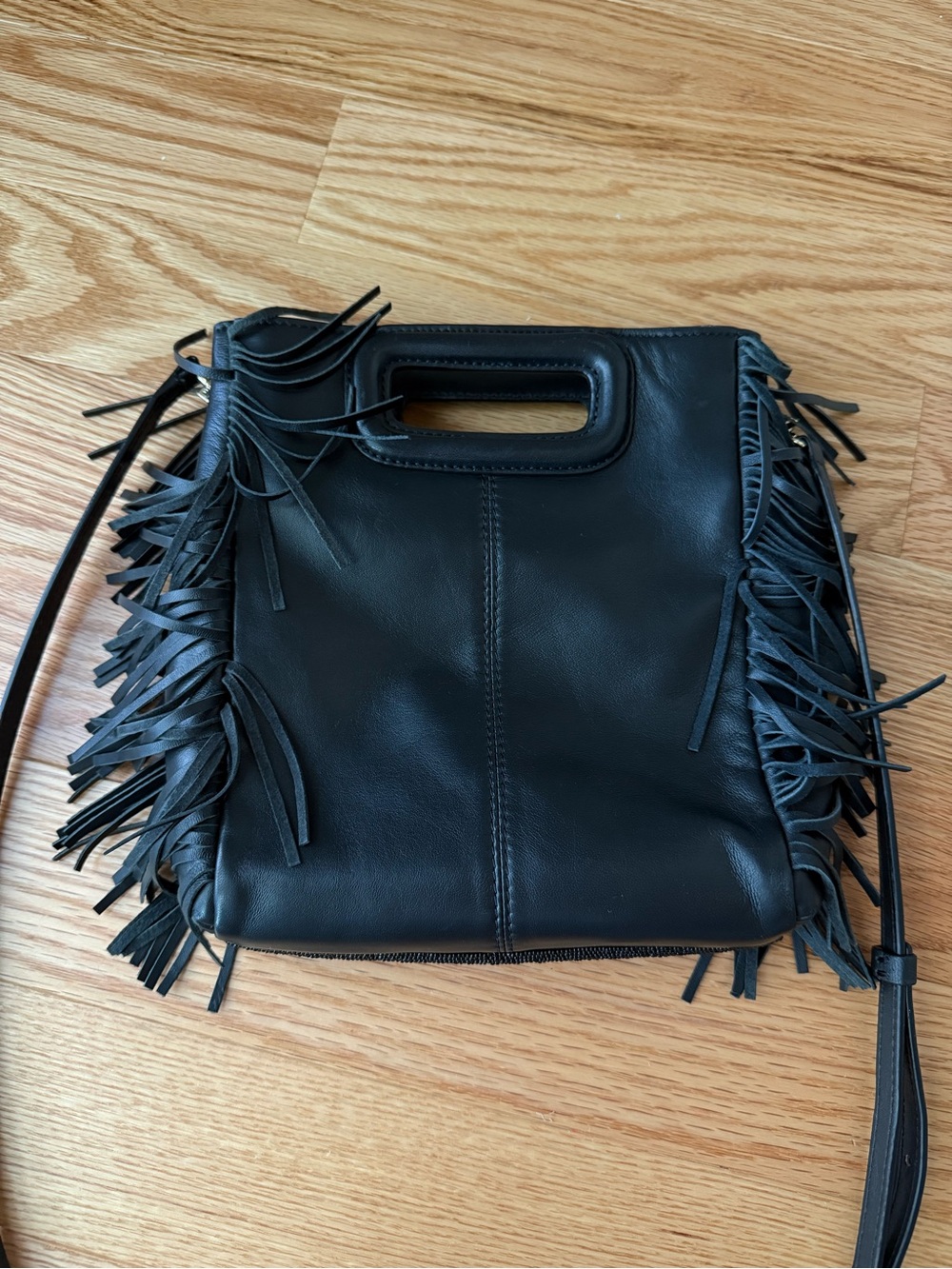 Maje Beaded Fringe M Bag Crossbody Navy Ivory Black Sheep Leather Cutout Handle - Picture 2 of 10